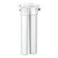 GrowoniX SlimScrubber dual-stage water filter system with white filter housings and mounting bracket.