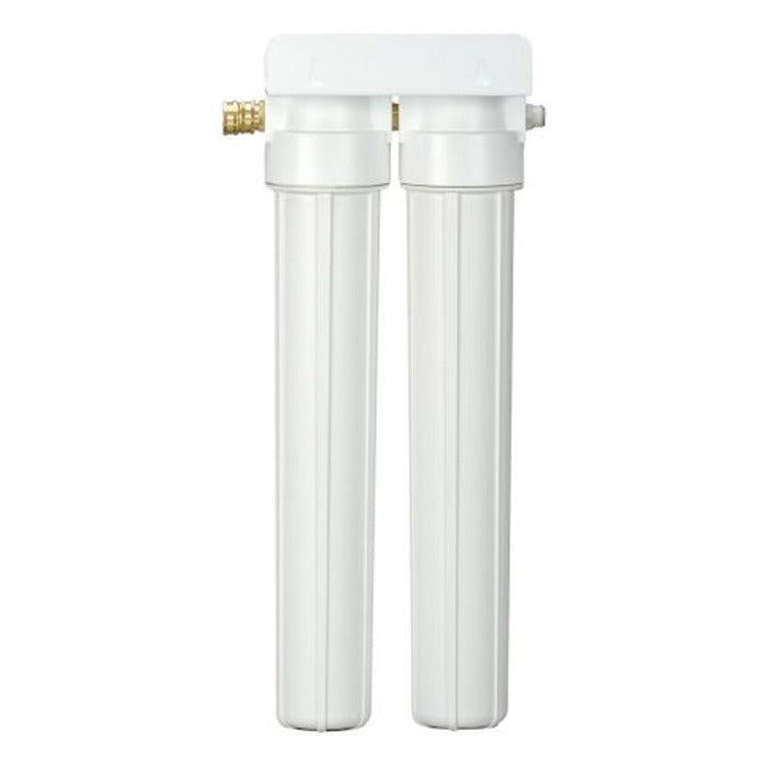 Slim Scrubber dual stage water filter with brass inlet and outlet fittings.