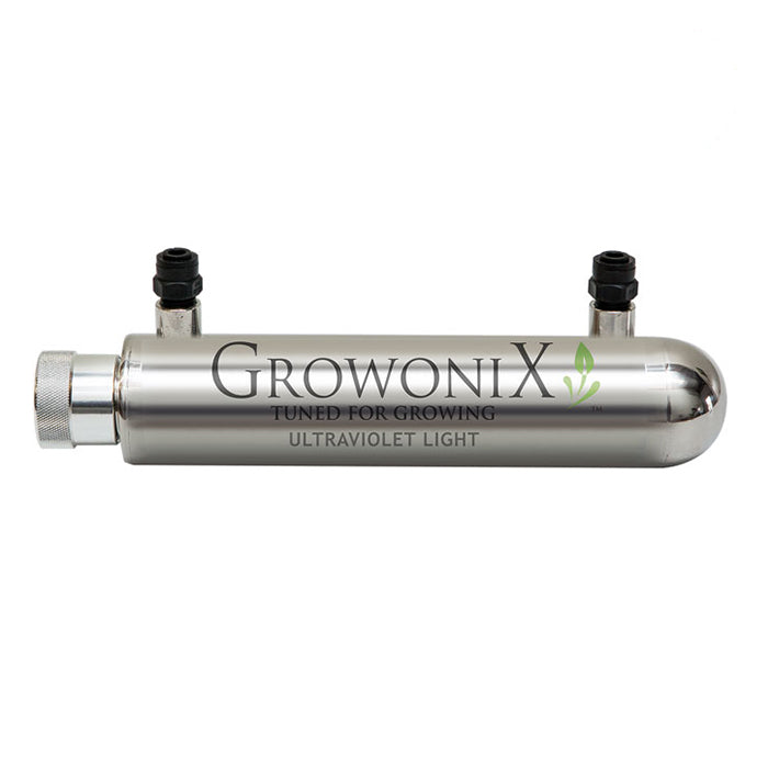 GrowoniX UV sterilization unit with "GrowoniX" logo and text reading "TUNED FOR GROWING ULTRAVIOLET LIGHT."