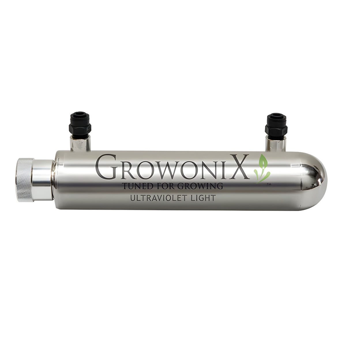 GrowoniX UV sterilization unit with "GrowoniX" logo and text reading "TUNED FOR GROWING ULTRAVIOLET LIGHT."