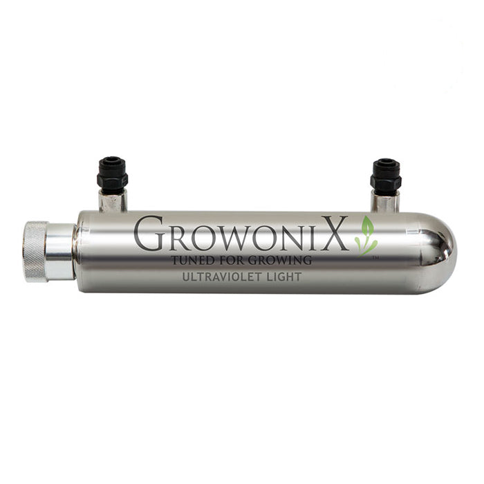 GrowoniX UV sterilization lamp with "TUNED FOR GROWING ULTRAVIOLET LIGHT" text.