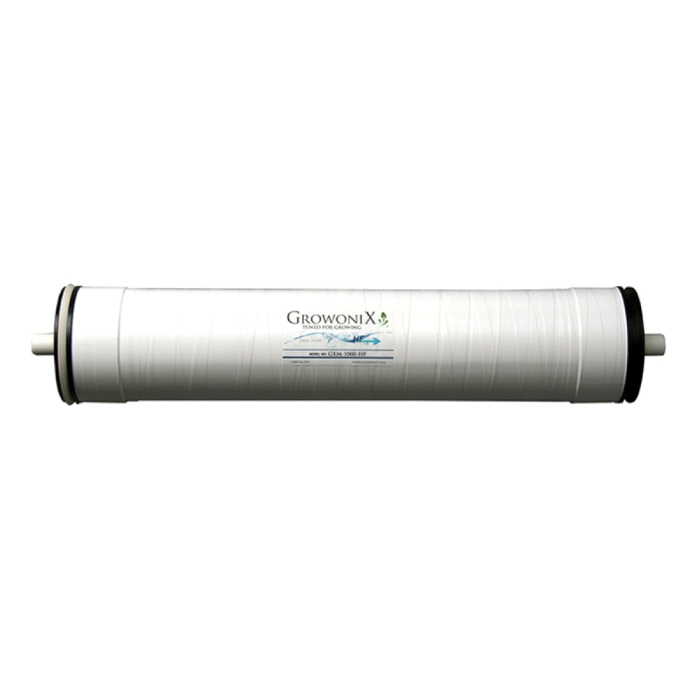 White Growonix GXM-1000-HF RO membrane with blue logo and text.