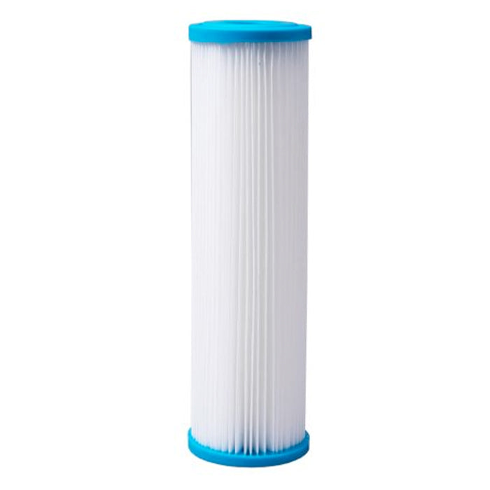 White pleated sediment water filter with blue end caps.