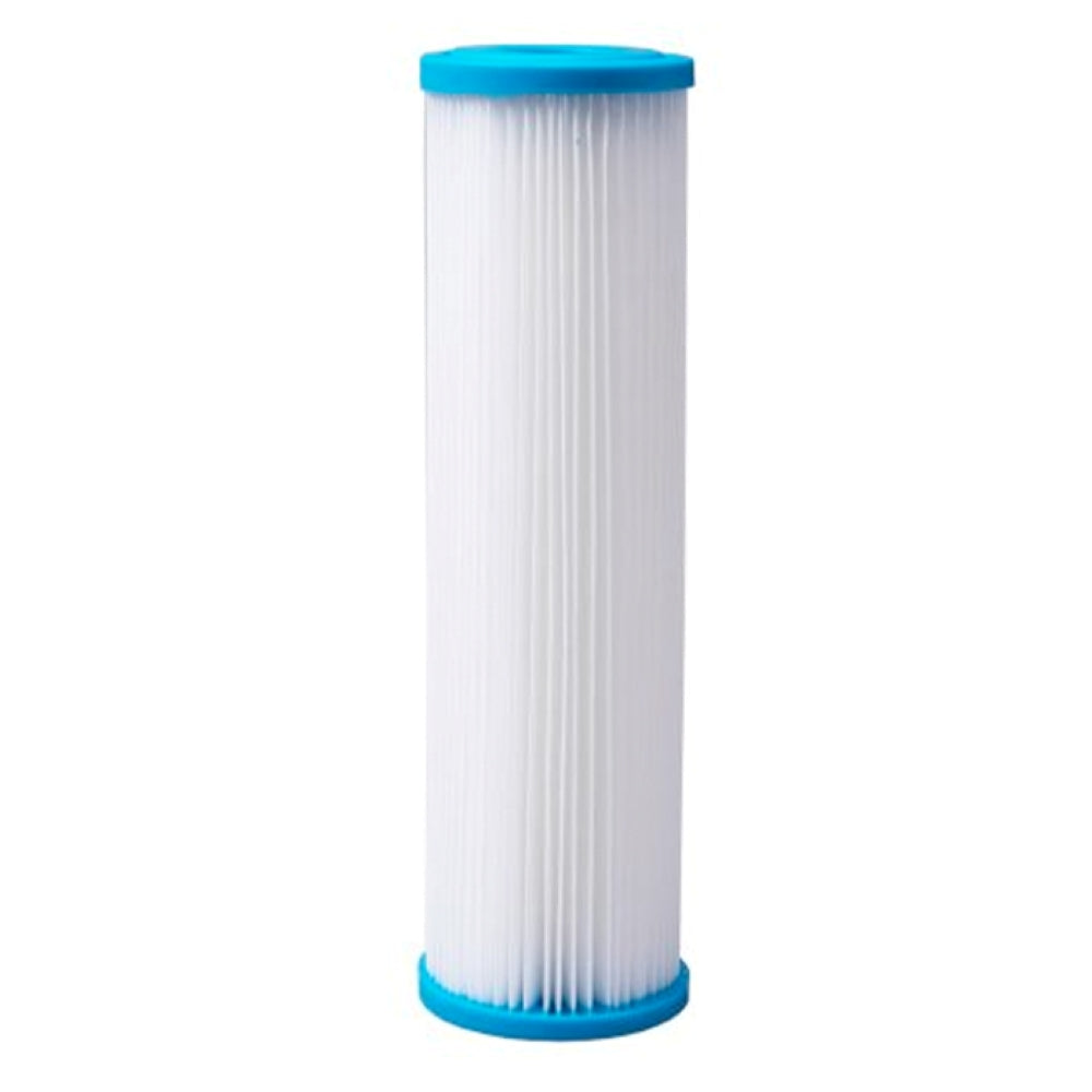 A pleated sediment water filter with blue caps on a white background.