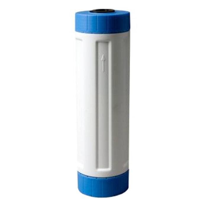 White cylinder water filter with blue caps and an upward arrow, for GOXLSCRUBBER.