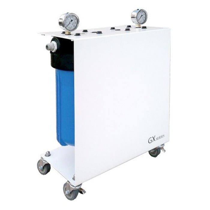 White GX Series Lil Boss Deluxe Scrubber with two pressure gauges and blue filter on casters.