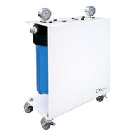White GX Series Lil Boss Deluxe Scrubber with two pressure gauges and blue filter on casters.