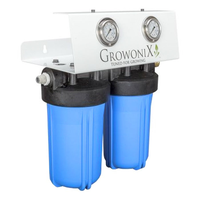 Growonix Lil Boss Scrubber with two blue filter housings and dual pressure gauges.