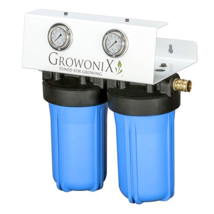 Growonix Lil Boss Scrubber water filter with two blue filter housings and pressure gauges.