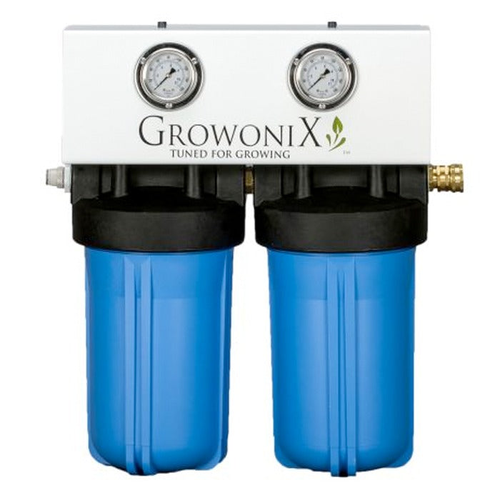 White Growonix water filter with two blue filter housings and pressure gauges.
