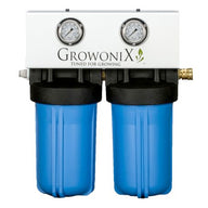 White Growonix water filter with two blue filter housings and pressure gauges.