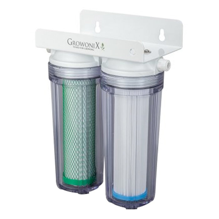 Growonix water filter system with two clear cartridges, one green carbon filter, one white sediment filter, and white bracket.