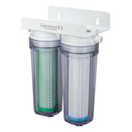 Growonix water filter system with two clear cartridges, one green carbon filter, one white sediment filter, and white bracket.