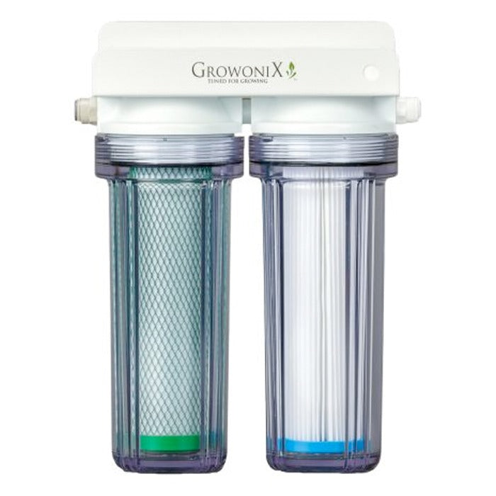 Growonix MiniScrubber dual-stage water filter with clear housings and visible filter cartridges.