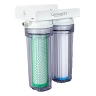 White GROWONIX dual-stage water filter with clear canisters, one holding a green filter, the other white.