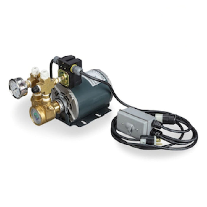 Electric pump with pressure gauge, brass fittings, and power cord with switch box.