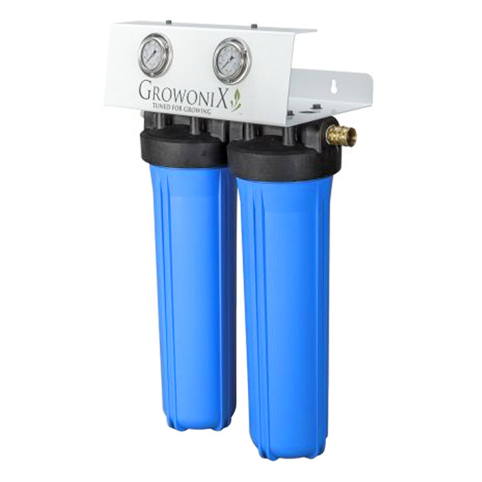 Dual blue filter system with pressure gauges and Growonix branding, tuned for growing.