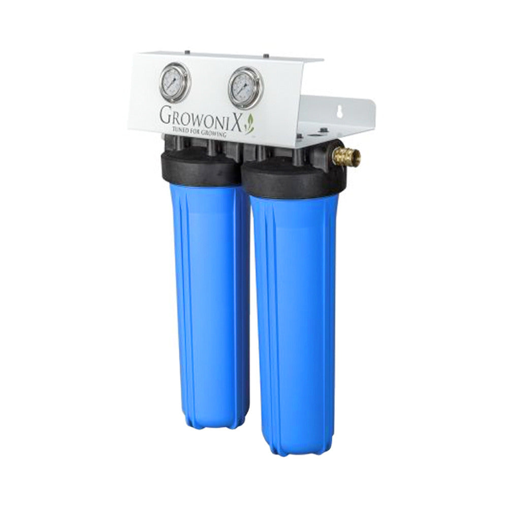 Dual blue filter system with pressure gauges and Growonix branding, tuned for growing.