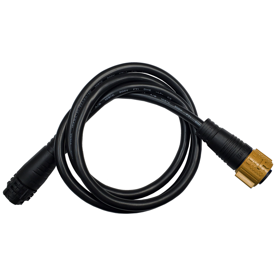 Black coiled GrowprosSolutions under canopy light interconnect cable with black and amber electrical connectors.