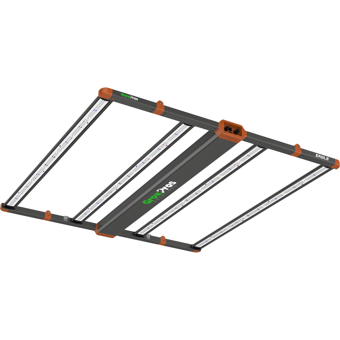 GrowPros Eagle LED grow light, angled view. Dark gray frame, orange accents, white LED bars with red, blue, and white diodes.