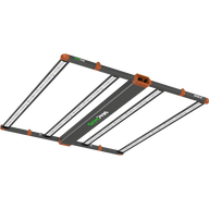 GrowPros Eagle LED grow light, angled view. Dark gray frame, orange accents, white LED bars with red, blue, and white diodes.