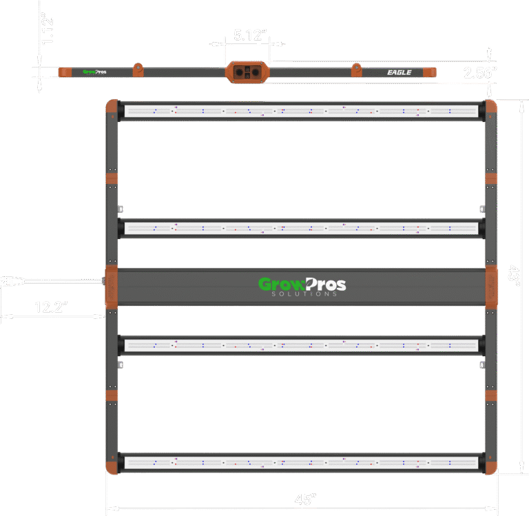 GrowPros Eagle LED grow light, dimensional drawing (front and top views) with 45" W, 43" H, and key measurements.