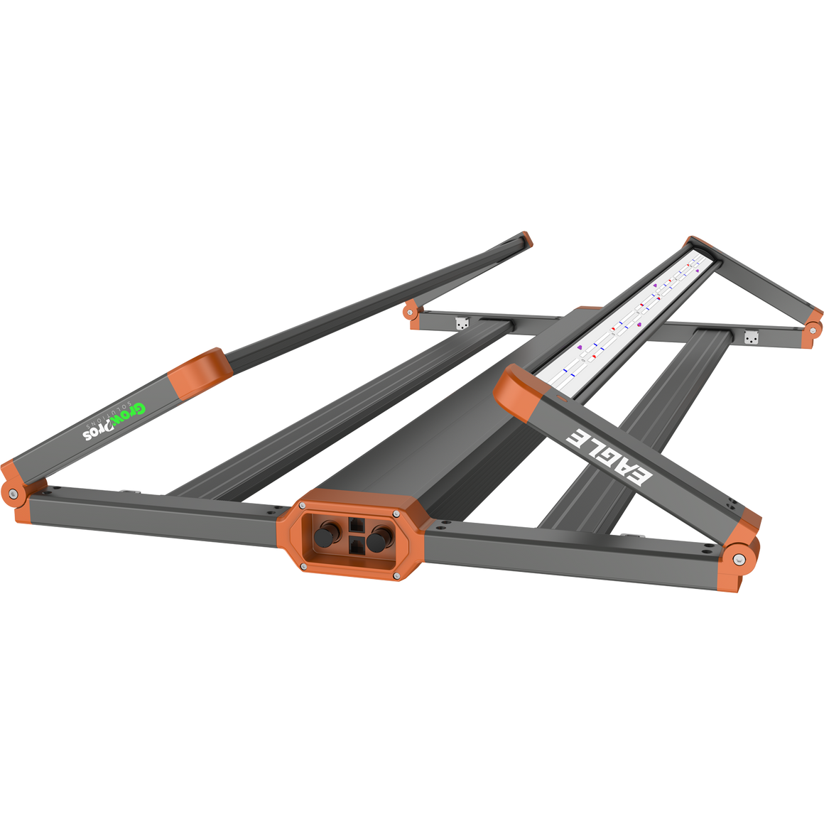 Folded GrowPros Eagle LED grow light. Dark gray frame, orange accents. Control panel and colorful LED lights visible.
