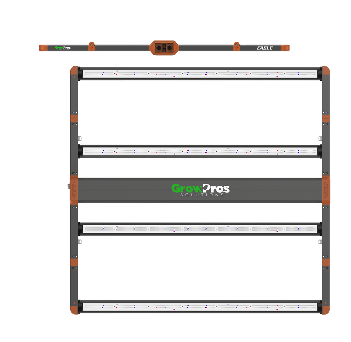 GrowPros Eagle LED grow light fixture, dark grey with orange accents. Front and top views with dimensions (45x43 inches).