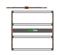 GrowPros Eagle LED grow light fixture, dark grey with orange accents. Front and top views with dimensions (45x43 inches).