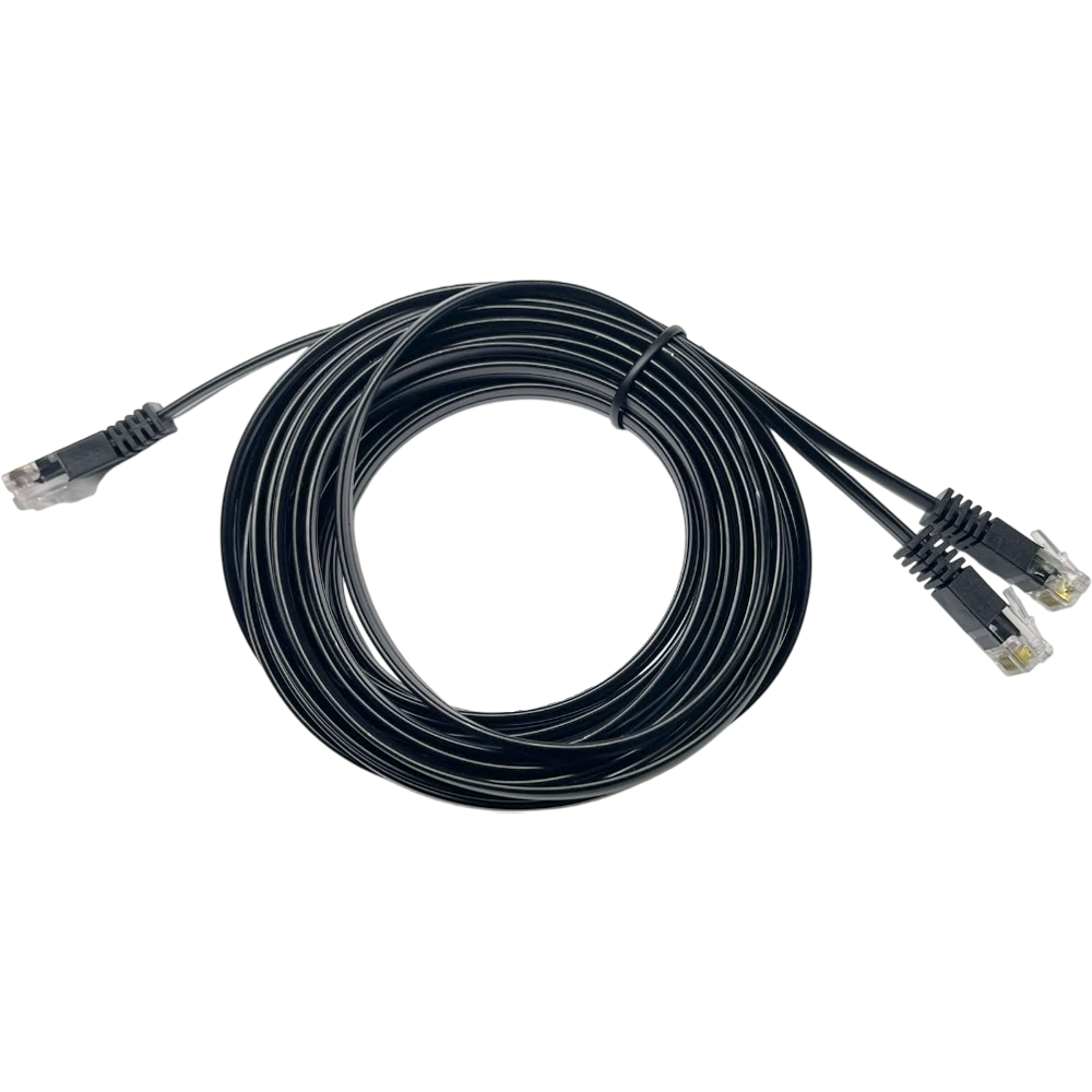 Black coiled 2-in-1 data cable, single RJ45 on one end, two split RJ45s on other.