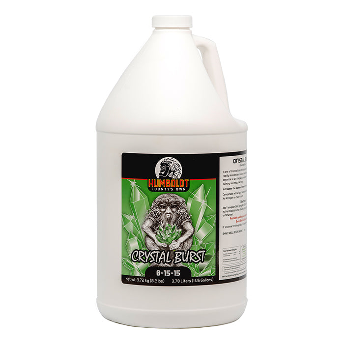 Humboldt County's Own Crystal Burst fertilizer gallon jug with label.