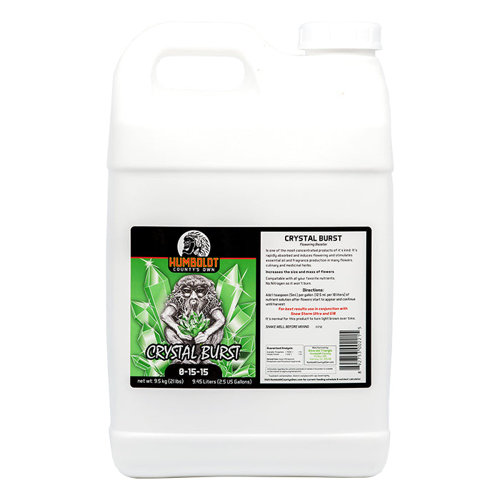 White jug of Humboldt County's Own Crystal Burst flowering booster, 2.5 gallons.