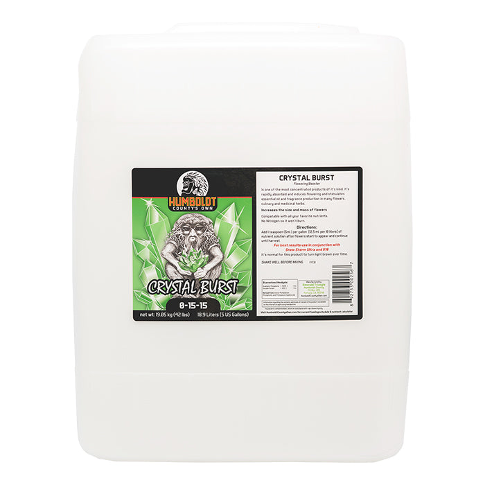 Humbolt County's Own Crystal Burst 8-15-15 flowering booster in a 5-gallon jug.