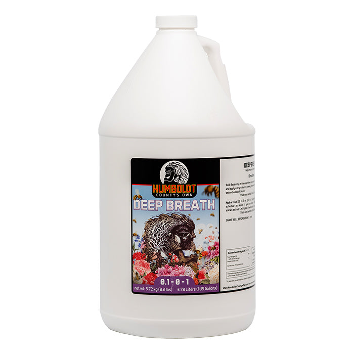 Humboldt County's Own Deep Breath fertilizer jug, 1 gallon, with colorful label.