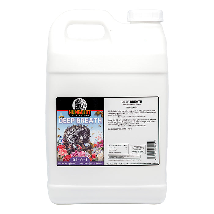 Humboldt County's Own Deep Breath fertilizer 2.5-gallon jug with detailed instructions and analysis.