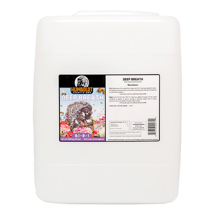 Humboldt County's Own "Deep Breath" 5-gallon nutrient container with instructions and label.
