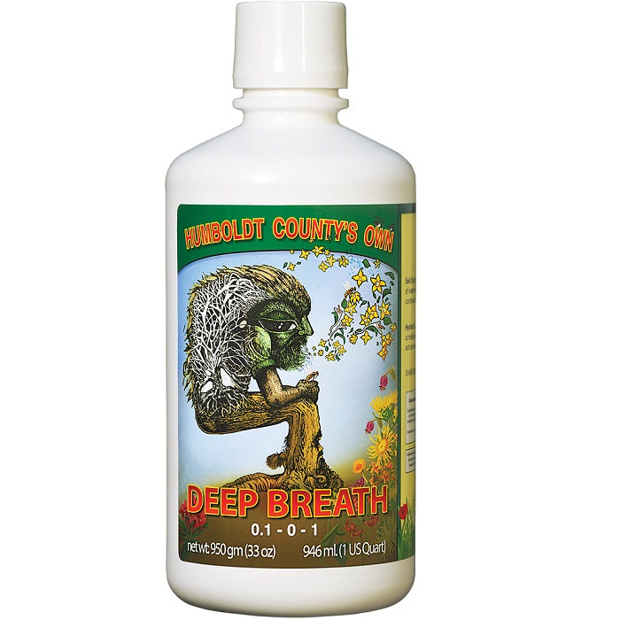Humboldt County's Own Deep Breath liquid fertilizer bottle. Green character exhaling yellow flowers.