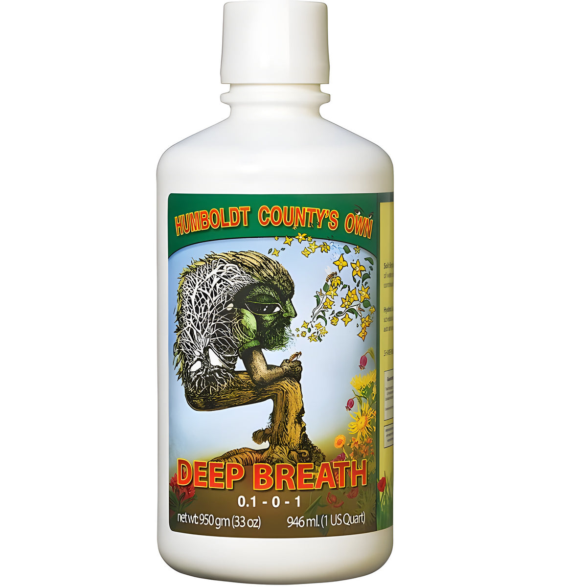 Humboldt County's Own Deep Breath liquid fertilizer bottle. Green character exhaling yellow flowers.