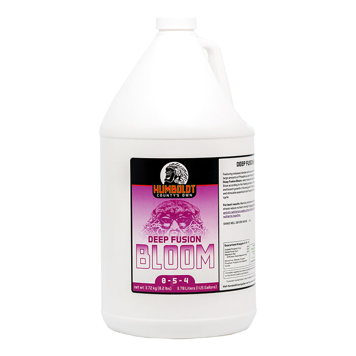 Humboldt County's Own Deep Fusion Bloom 1-gallon fertilizer bottle with 0-5-4 NPK ratio.