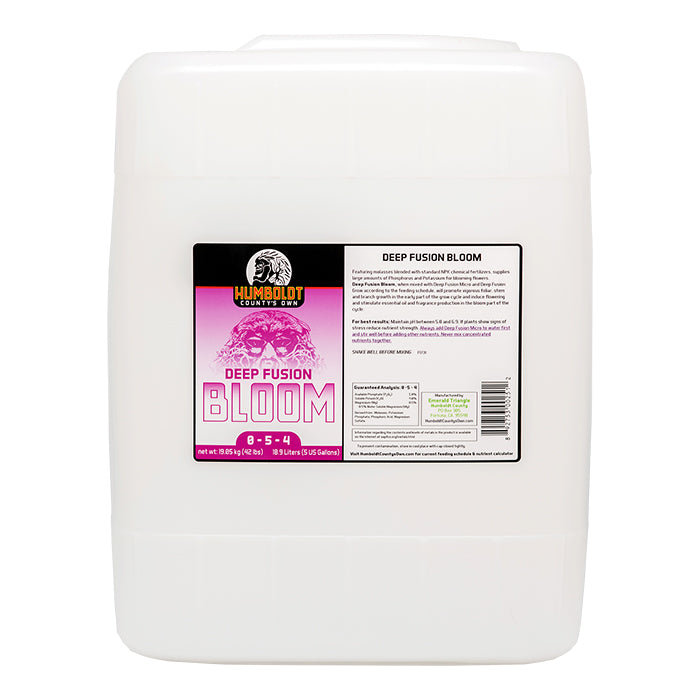 A 5-gallon jug of Humboldt County's Own Deep Fusion Bloom fertilizer, with label details.
