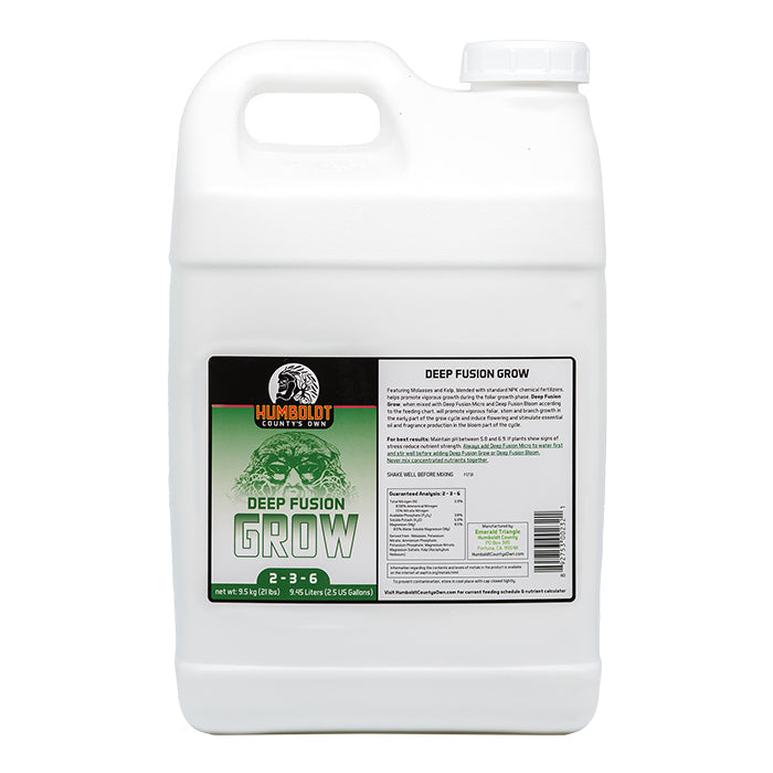 White gallon jug of Humboldt County's Own Deep Fusion Grow fertilizer, 2-3-6 NPK.