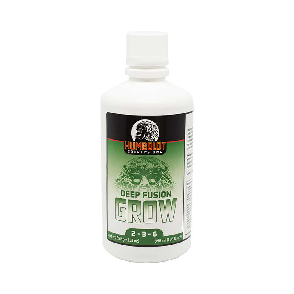 Humboldt County's Own Deep Fusion Grow 2-3-6 fertilizer bottle with green label and skull graphic.