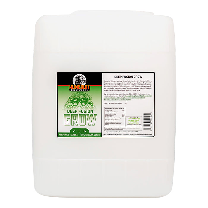 White 5-gallon jug of Humboldt County's Own Deep Fusion Grow fertilizer with label.
