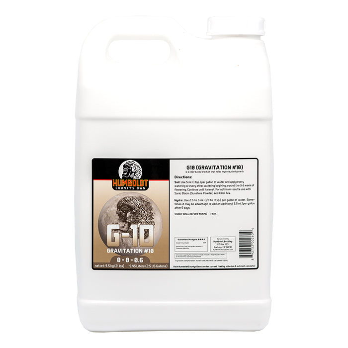 White plastic jug of Humboldt County's Own G18 Gravitation #10 plant nutrient.