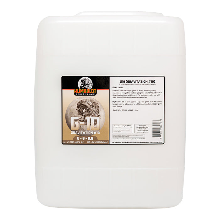 White 5-gallon jug of Humboldt County's Own G10 Gravitation #18 plant nutrient.