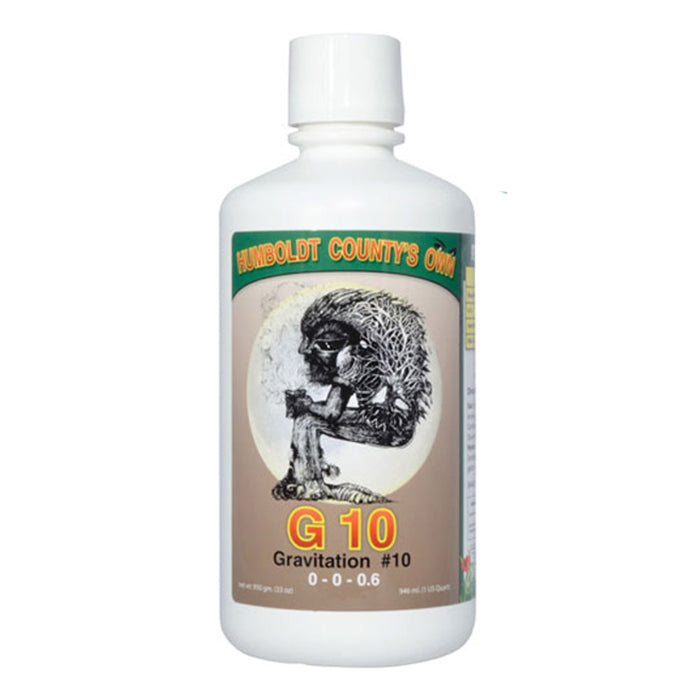 Humboldt County's Own G10 Gravitation #10 0-0-0.6 fertilizer bottle with a moon and tree-like figure graphic.