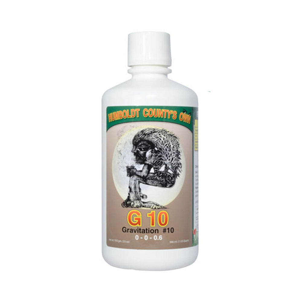 Humboldt County's Own G10 Gravitation #10 0-0-0.6 fertilizer bottle with a moon and tree-like figure graphic.