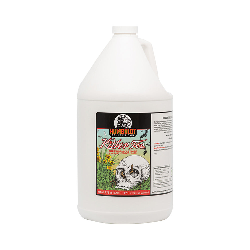 White gallon jug of Humboldt County's Own Killer Tea, pure worm castings fertilizer.