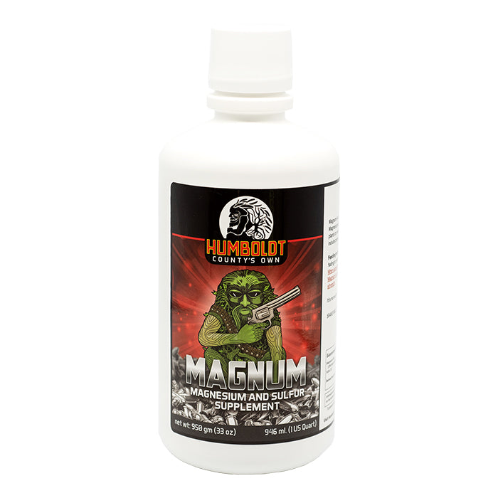 White bottle of Humboldt County's Own Magnum Magnesium and Sulfur Supplement, featuring a green creature with a gun.