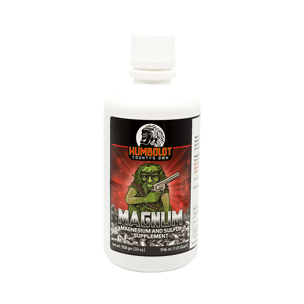 White bottle of Humboldt County's Own Magnum Magnesium and Sulfur Supplement, featuring a green creature with a gun.